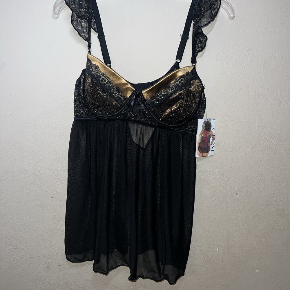 Fantasy Lingerie Size 1x / 2x Babydoll Nightie Dress Black Gold Bow